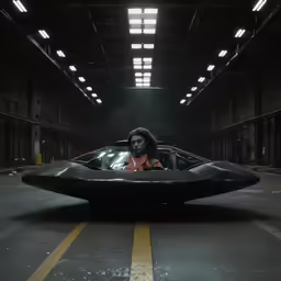 a woman sitting in a black car in a warehouse