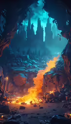 a photo taken at night of a fire burning inside a cave