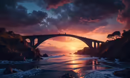 an artistic photo of a bridge with a sunset