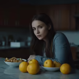 a young girl sitting at the counter with oranges in front of her
