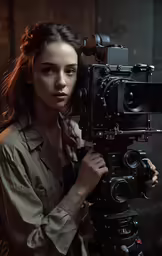 a woman stands behind a camera posing for the camera