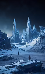 a man stands on a snowy ground in front of the rocky mountain tops