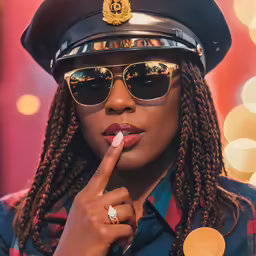 woman in uniform with cigarette pointing finger to the side