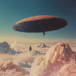 a space ship flying over a snow covered field