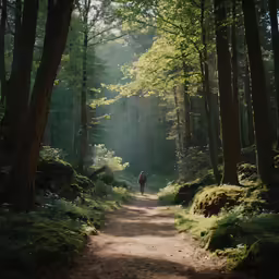a trail through a wooded area with two people walking