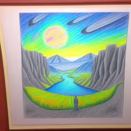 /tmp/FOO2eUjGC.jpg = a picture with a painting on it in front of a white frame
,/tmp/FOO2eUjGC.jpg = a painting is hanging on a wall
,/tmp/FOO2eUjGC.jpg = a drawing of a river is featured under a bright colored sky
,/tmp/FOO2eUjGC.jpg = this is a pencil drawing of an island with the sun in the background
,/tmp/FOO2eUjGC.jpg = artwork depicting landscape with water and land under a full moon
,/tmp/FOO2eUjGC.jpg = a drawing of a river next to some mountains
,/tmp/FOO2eUjGC.jpg = a drawing of a valley and the sun
