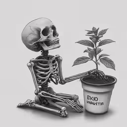 a skeleton holding up a small plant and pointing to it