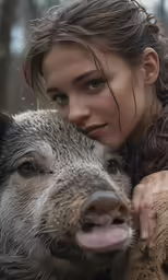 a woman with her face to her chest hugging a pig