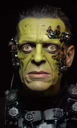 a man in an iron armor costume is staring ahead