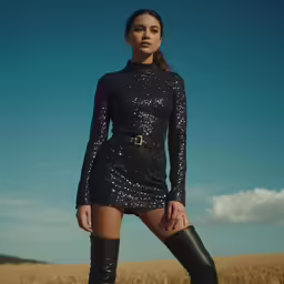 a model wearing boots standing in a field
