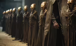 a person standing in a line with helmets on their heads
