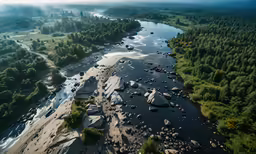 an aerial view of the water and forested area