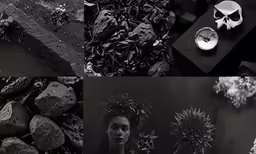 a collage of different scenes featuring a lady looking at a skeleton head