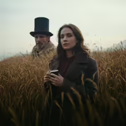 a man and woman standing in tall grass holding coffee