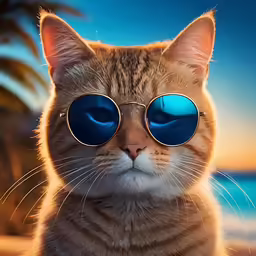 an image of a cat wearing sunglasses on the beach