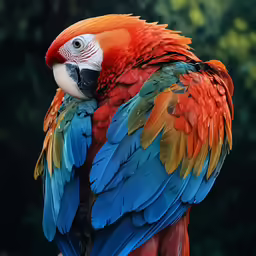 the parrot is colorfully large and stands in front of trees