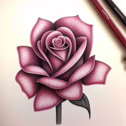 an image of a rose pencil drawing on paper,a pink flower with a green center is drawn