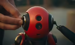 a red and black robot is being held by someone