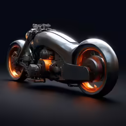 a futuristic motorcycle with lights on the engine