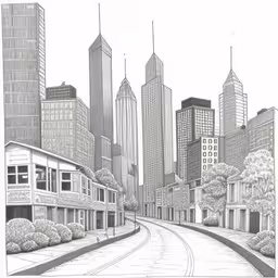 a pencil drawing of a city with tall buildings and a small street,an urban street with skyscrapers and a long track drawing,pencil drawing of a city street with tall buildings,a black and white pencil drawing of city buildings,a drawing of a city from a perspective