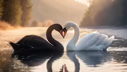 a couple of ducks swimming in a river next to a forest