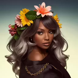 a model with flower in her hair wearing necklaces