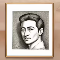 a drawing of a man with hair and glasses,a drawing of a man with short hair and a beard,a pencil drawing of a man with hair in a square frame,the portrait is shown on a wooden panel,this is a drawing of actor in his uniform