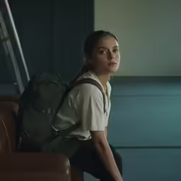 a woman with a backpack sits on a bench
