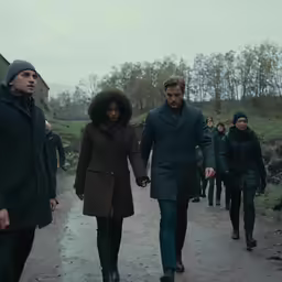 a woman walks between two men in the snow