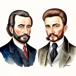 a watercolor painting of two gentlemen in suits,the two presidents are shown in this watercolor illustration