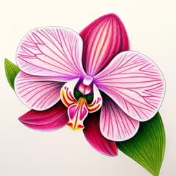 this is a picture of a pink orchid in color,a large flower has green leaves and it is painted pink