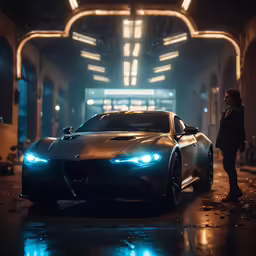 a man is standing next to a car in a tunnel