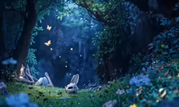 a bunny laying in the grass looking at the forest