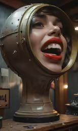 a woman with her mouth open wearing an oversized helmet