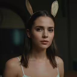 woman in bunny ears looking at camera