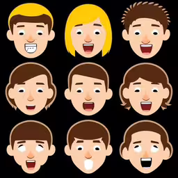 several different men with facial expressions showing teeth,a set of avatars on the subject of an animated man