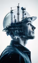 man with futuristic hat looking down