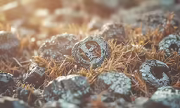 rocks with the word e on them sit in the grass