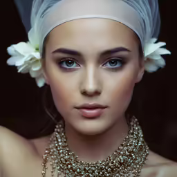 woman wearing a head scarf and a flower necklace