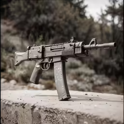 a rifle on display, on a rock