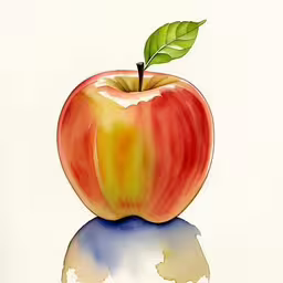 an apple painted with watercolors is on top of a table,a apple sitting on top of a shiny reflective surface