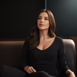 a woman sits on a sofa and looks off into the distance