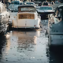 a car is driving through heavy traffic on the street