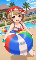 an anime woman in a bikini holding an inflatable ball
