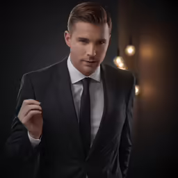 a young man wearing a tuxedo stands in the dark