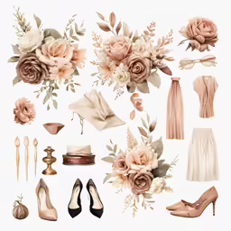 a bunch of pink roses and other accessories