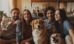 a group of people sit on the couch with a dog