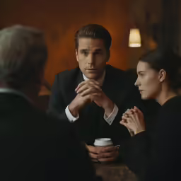 a man and woman in formal clothes are talking at a coffee shop