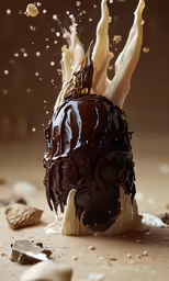a piece of chocolate cake is falling into the air