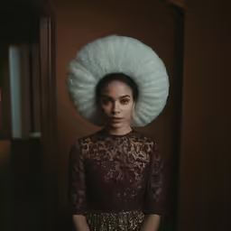 an attractive woman with a white hairpiece on her head